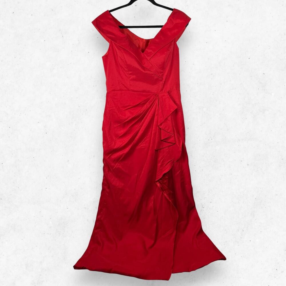 Red Satin Mermaid Wedding Gown Ruffle Off Shoulder Size 12 Altered